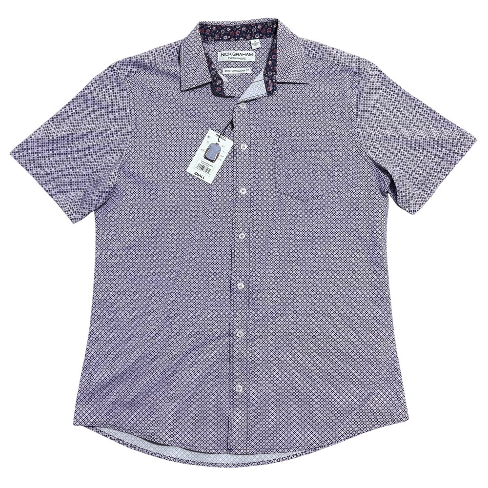 Nick‎ Graham Shirt Mens Small Purple Stretch Modern Fit Short Sleeve Geometric